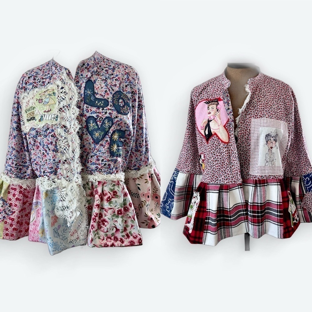 Handcrafted reversible floral jacket hand embroidered embellishments ruffle lace